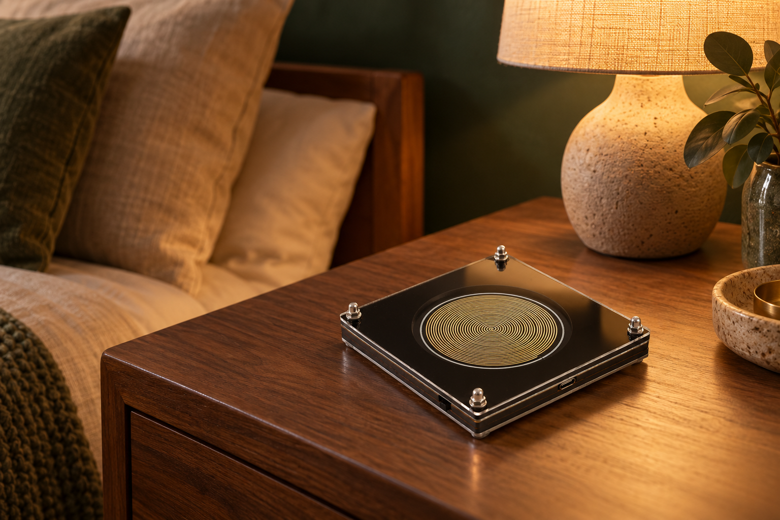 Earth Tempo in warm evening light beside a bedside lamp