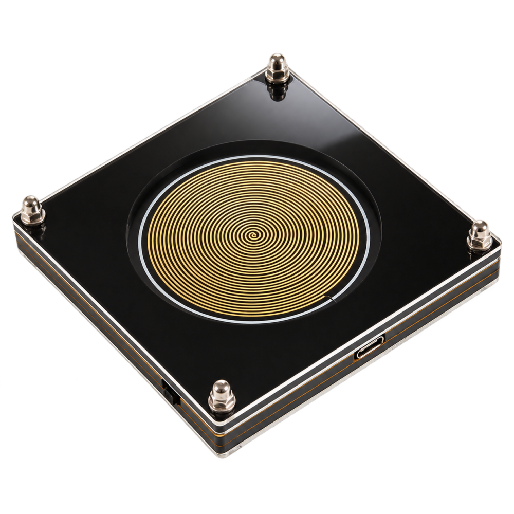 earth-tempo-gold-transparent Gold spiral Schumann device with black acrylic case, isolated on a transparent background