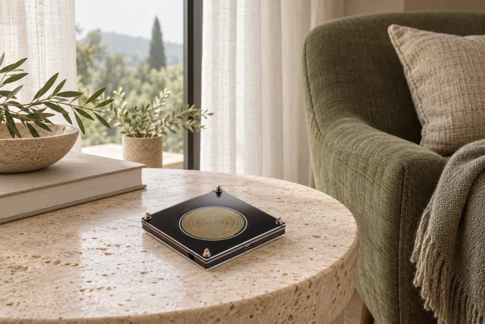 earth-tempo-reading Earth Tempo gold spiral device on a travertine table beside an olive reading chair