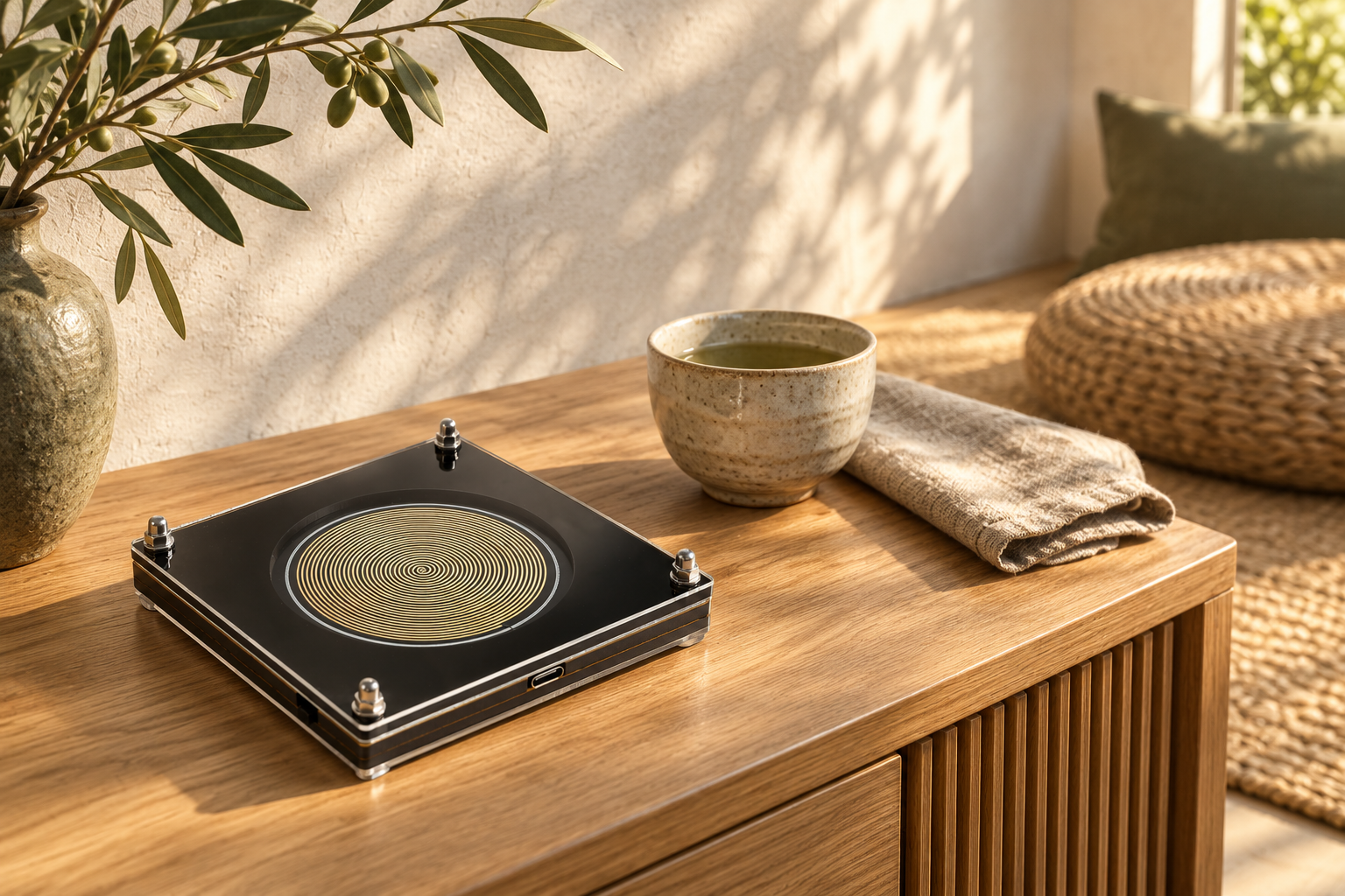 Earth Tempo beside a ceramic cup in a softly lit tea corner